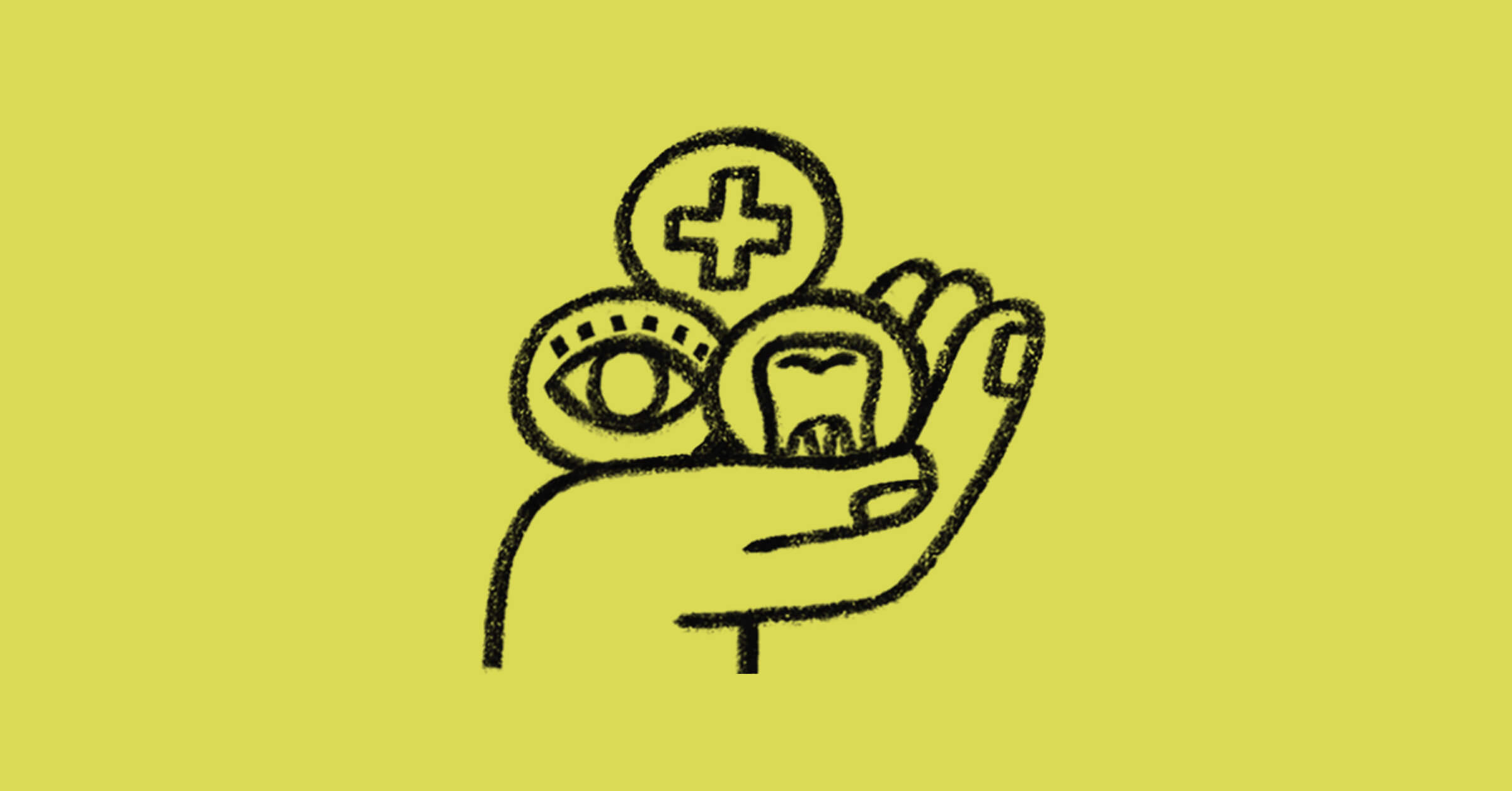 A simple drawing of a hand holding three symbols: an eye, a tooth, and a medical cross, all on a yellow background.