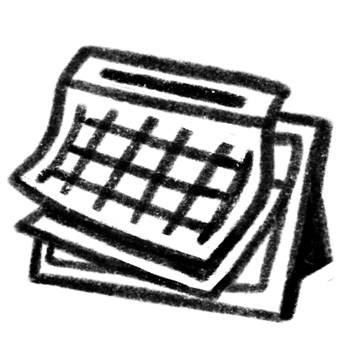 A hand-drawn style image of a desk calendar with visible grid lines for days, standing upright on a flat surface.