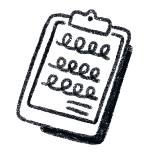 A black and white sketch of a clipboard holding a sheet of paper with wavy, horizontal lines, suggesting text or writing.