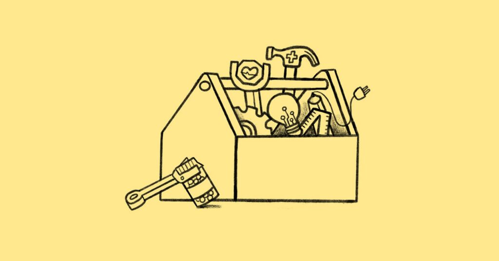A toolbox filled with various items, including a hammer, wrench, gears, light bulb, pencil, ruler, and plug, drawn in a simple black outline on a yellow background.
