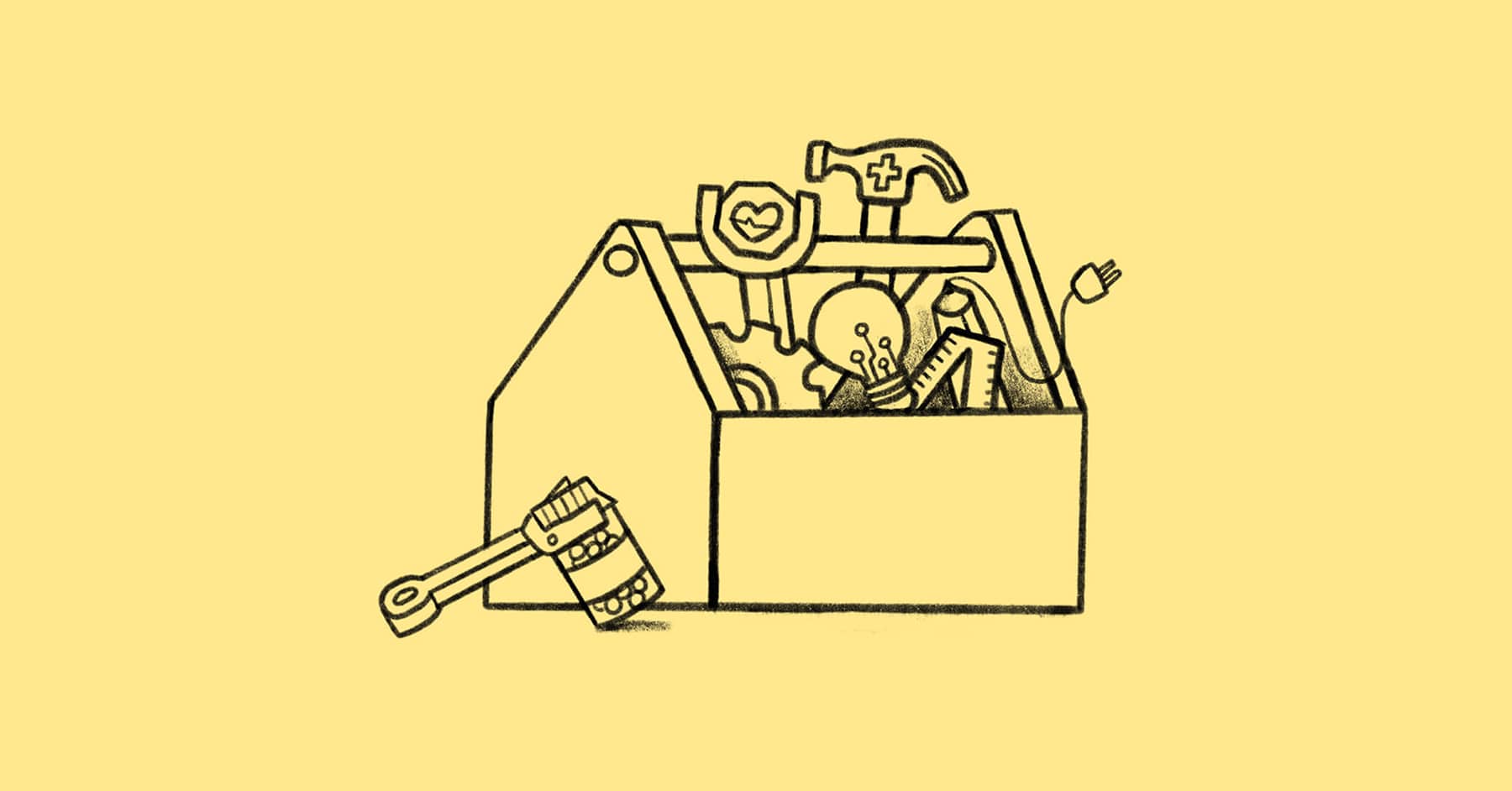 A toolbox filled with various items, including a hammer, wrench, gears, light bulb, pencil, ruler, and plug, drawn in a simple black outline on a yellow background.