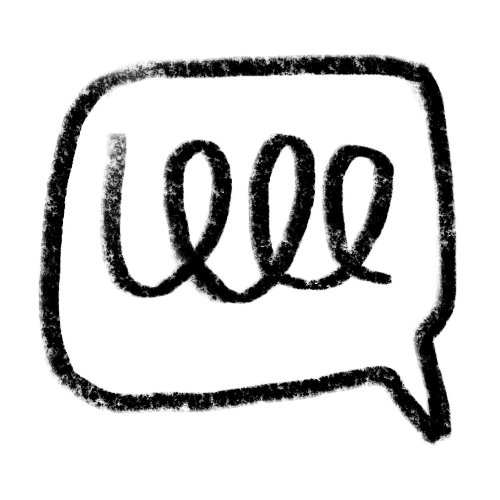 A rough black speech bubble contains a thick, looping scribble, suggesting talking or communication, on a plain white background.