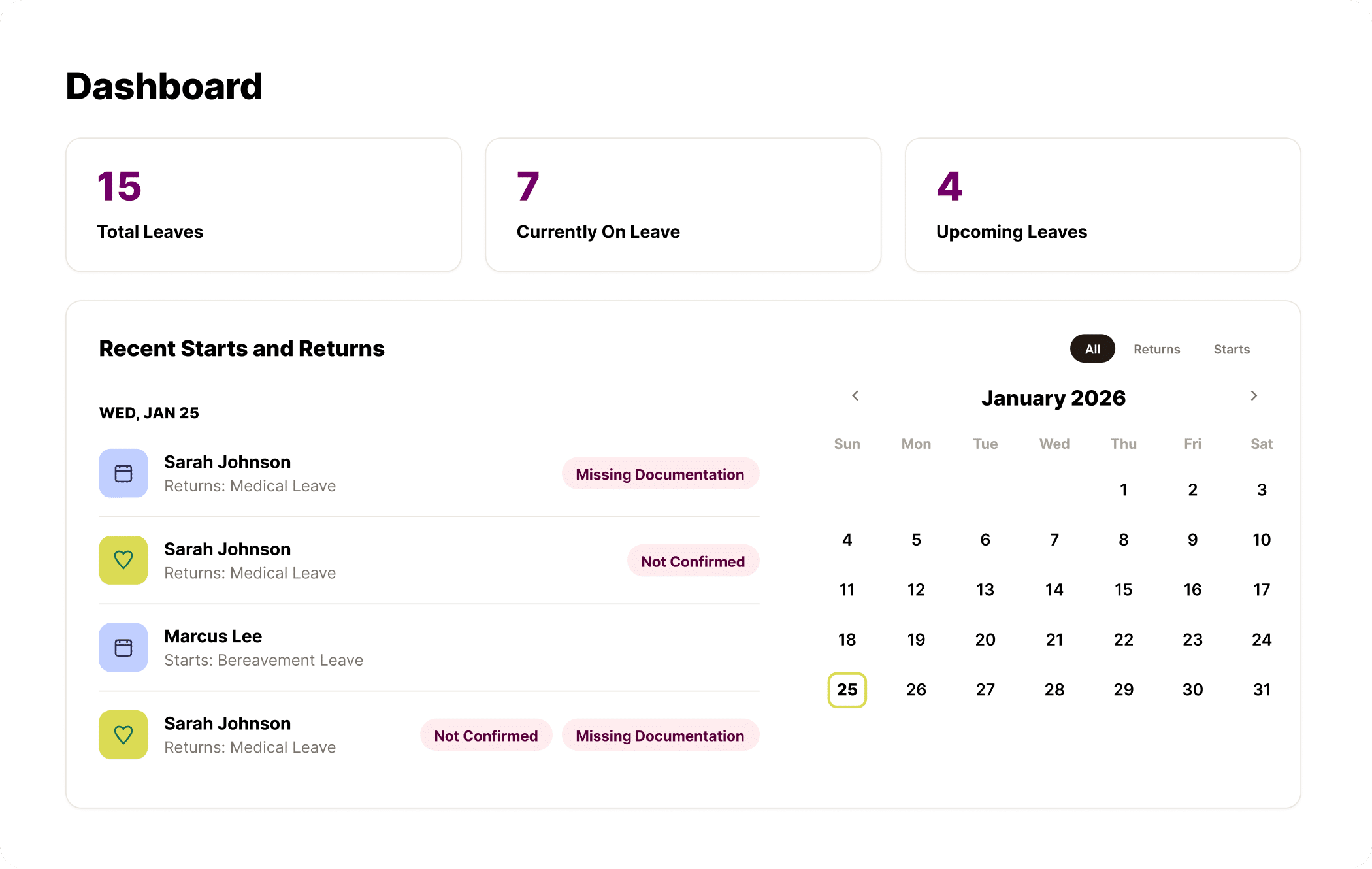 Dashboard showing employee leave status: 15 total leaves, 7 currently on leave, 4 upcoming. Seamless leave of absence management is integrated throughout, with a calendar highlighting Jan 25. The list displays leave details with status tags for Sarah Johnson and Marcus Lee.